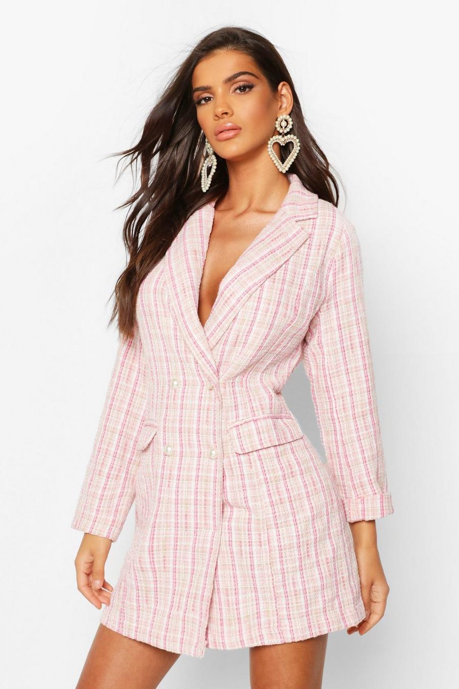 Pink Boucle Pearl Button Blazer Dress image number 1