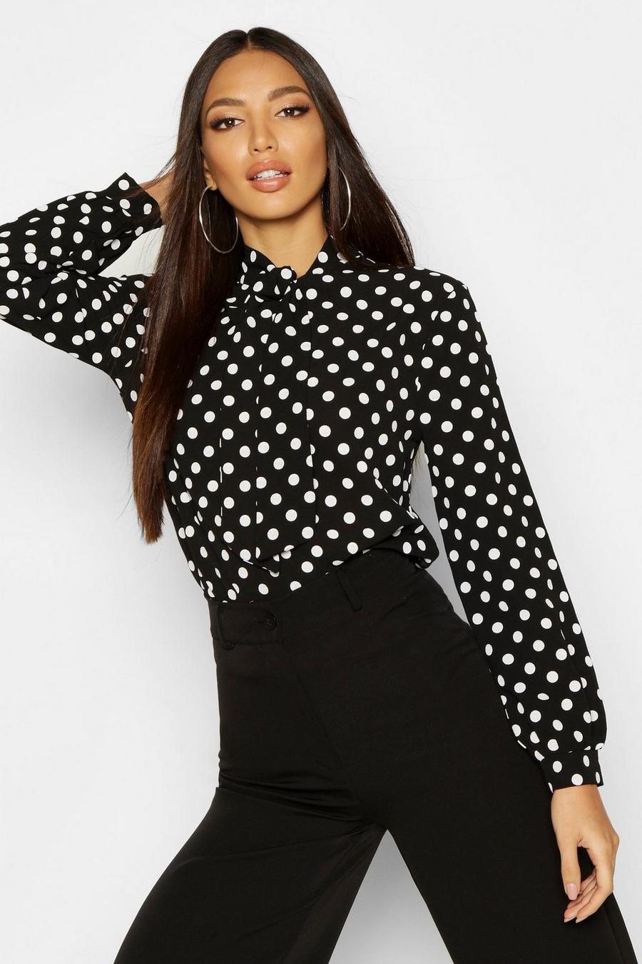 Black negro Pussy Bow Polka Dot High Neck Blouse image number 1