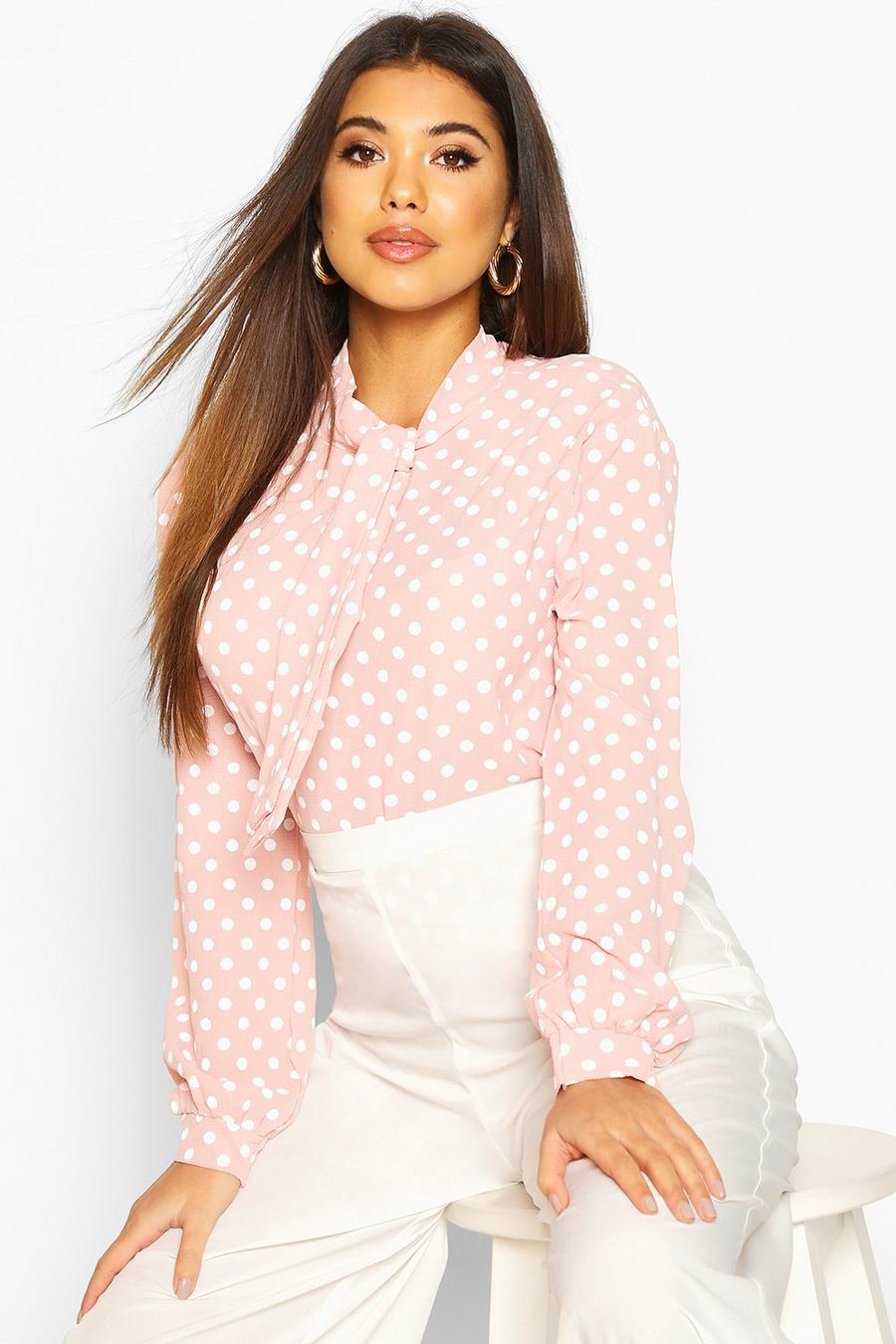 Pastel pink Pussy Bow Polka Dot High Neck Blouse image number 1