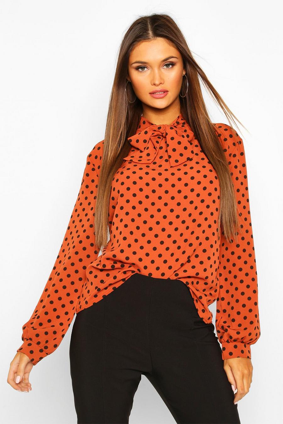 Rust Pussy Bow Polka Dot High Neck Blouse image number 1