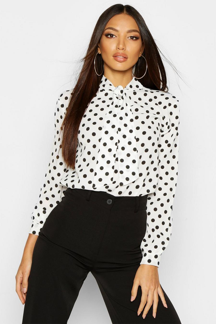White Pussy Bow Polka Dot High Neck Blouse image number 1