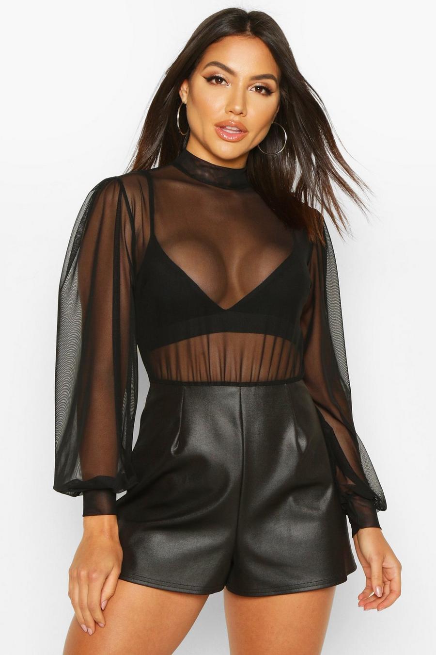 Mesh Balloon Sleeve High Neck Playsuit image number 1