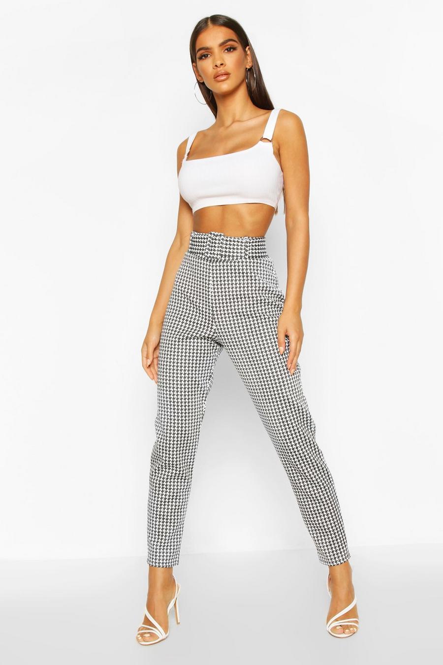 Black Large Dogtooth Belted Stretch Skinny Trousers image number 1
