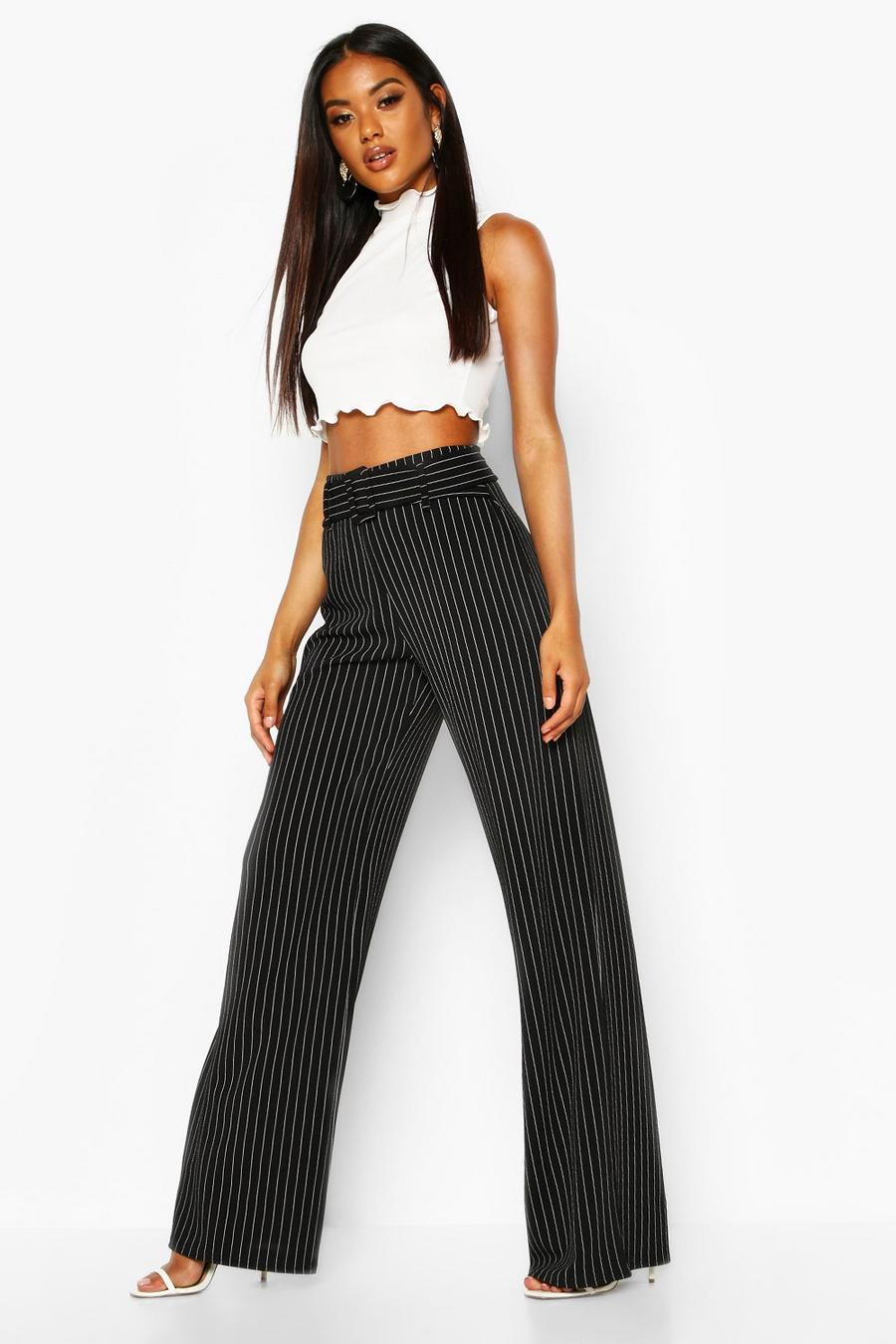 Black Pinstripe Belted Stretch Crepe Wide Leg Trousers image number 1