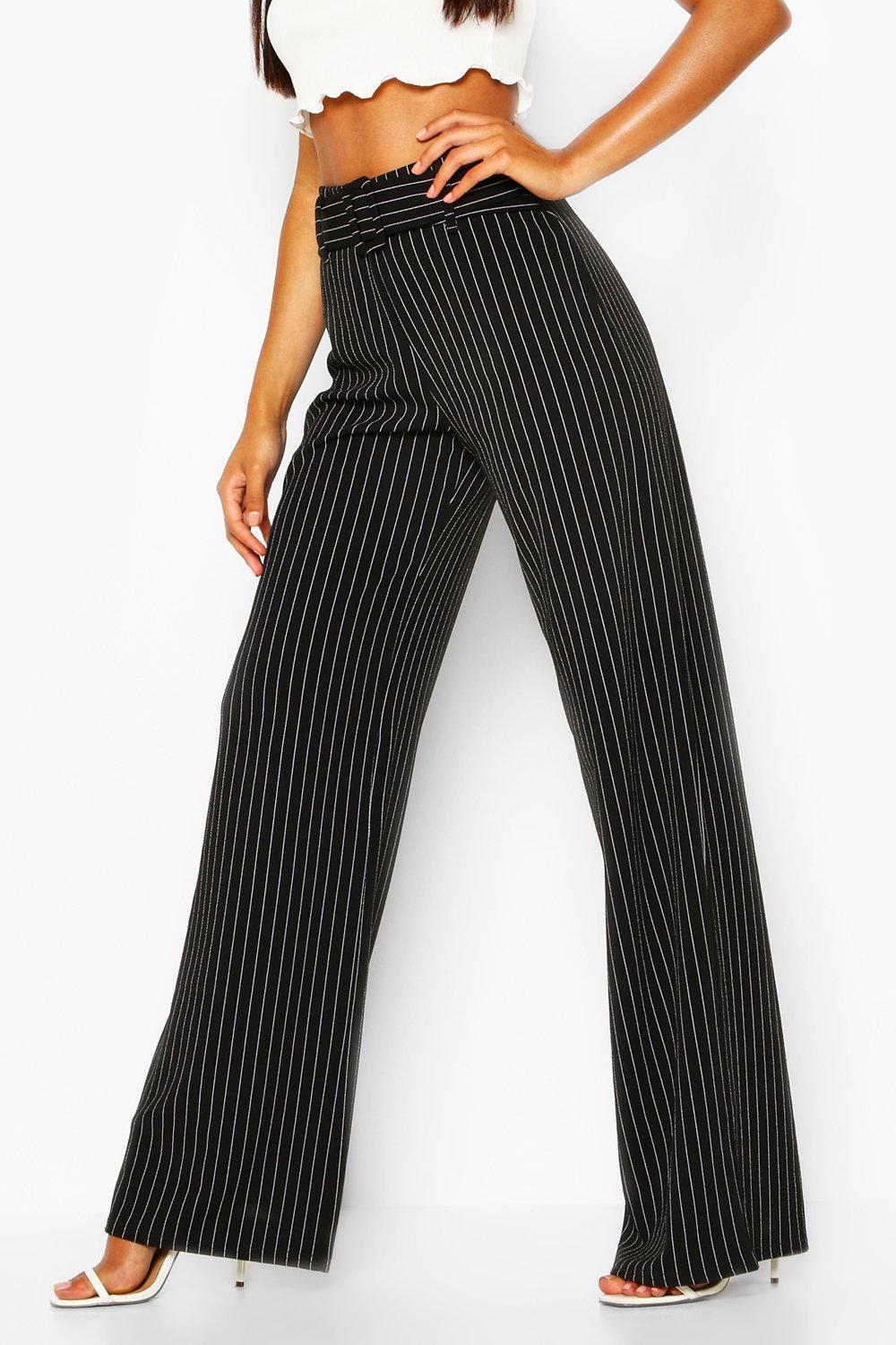Pinstripe Belted Stretch Crepe Wide Leg Trousers