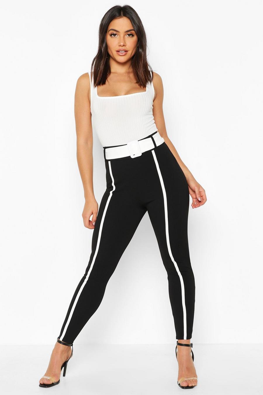 Contrast Piping Belted Skinny Stretch Pants image number 1