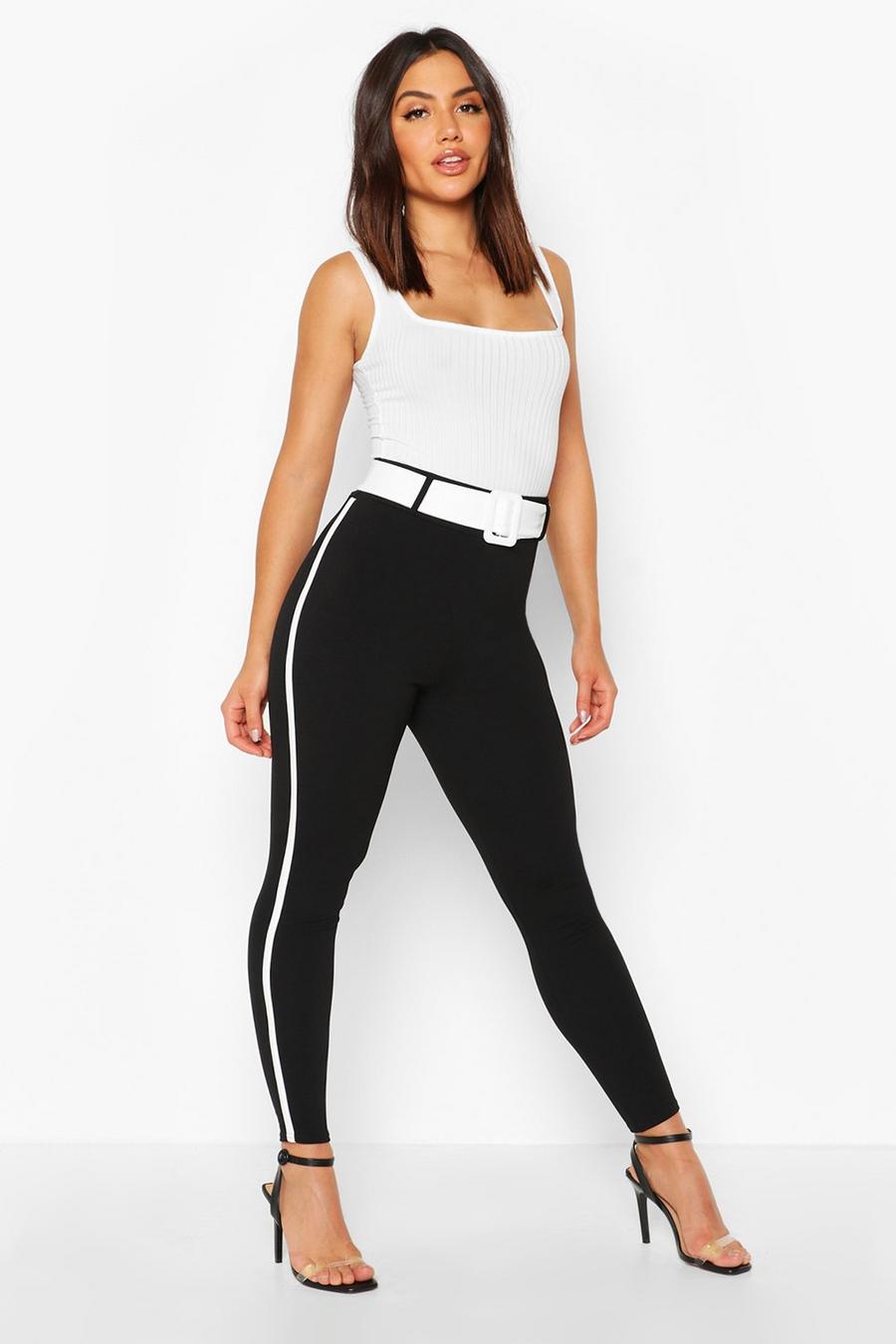 Contrast Piping Belted Skinny Stretch Pants image number 1