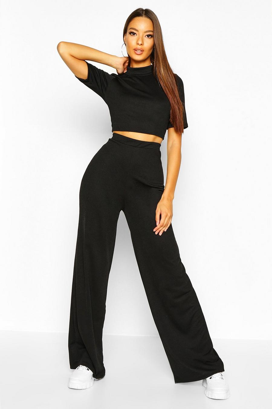 Black Crop Top & Fit And Flare Pants Co-Ord image number 1