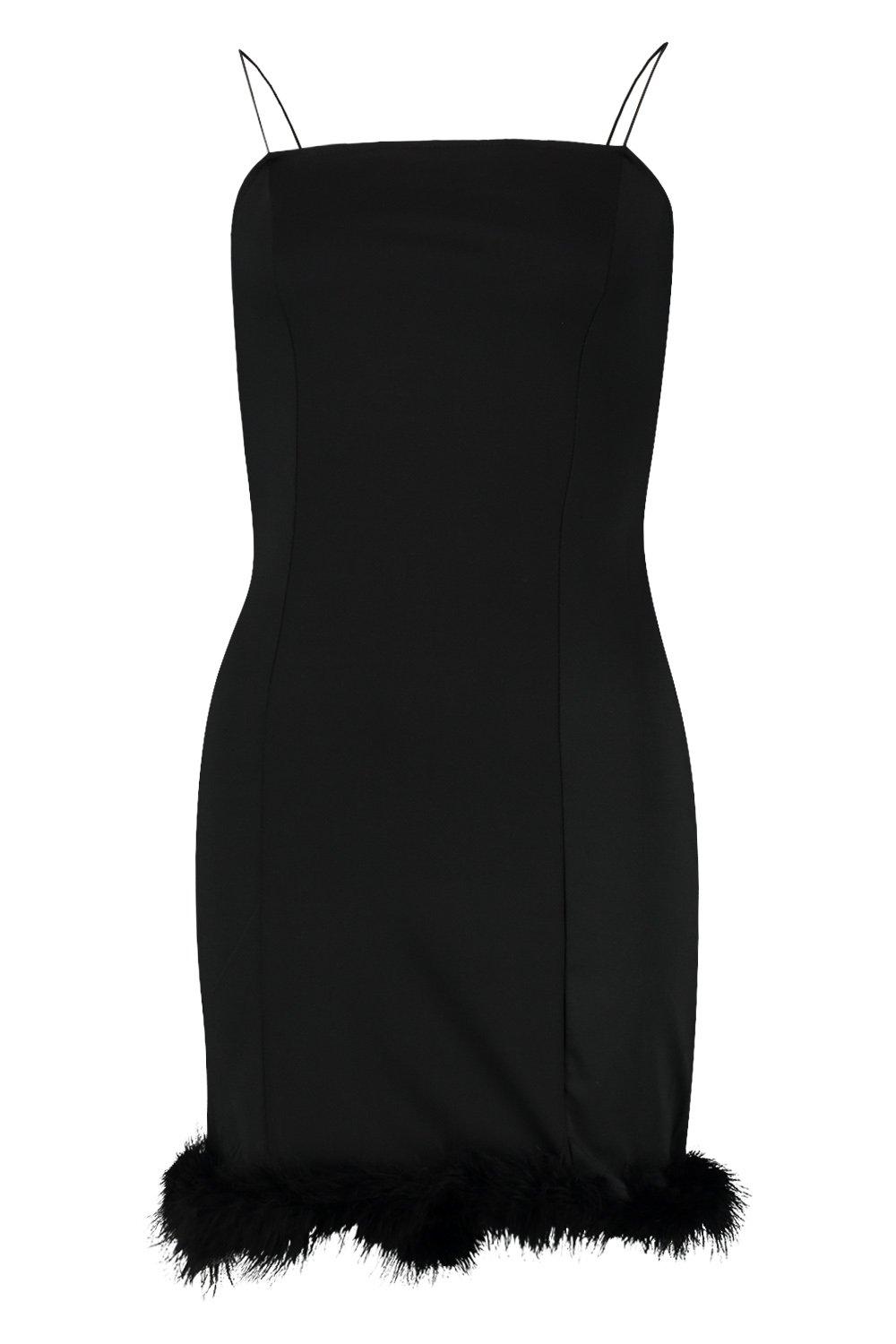 black feather trim mini dress