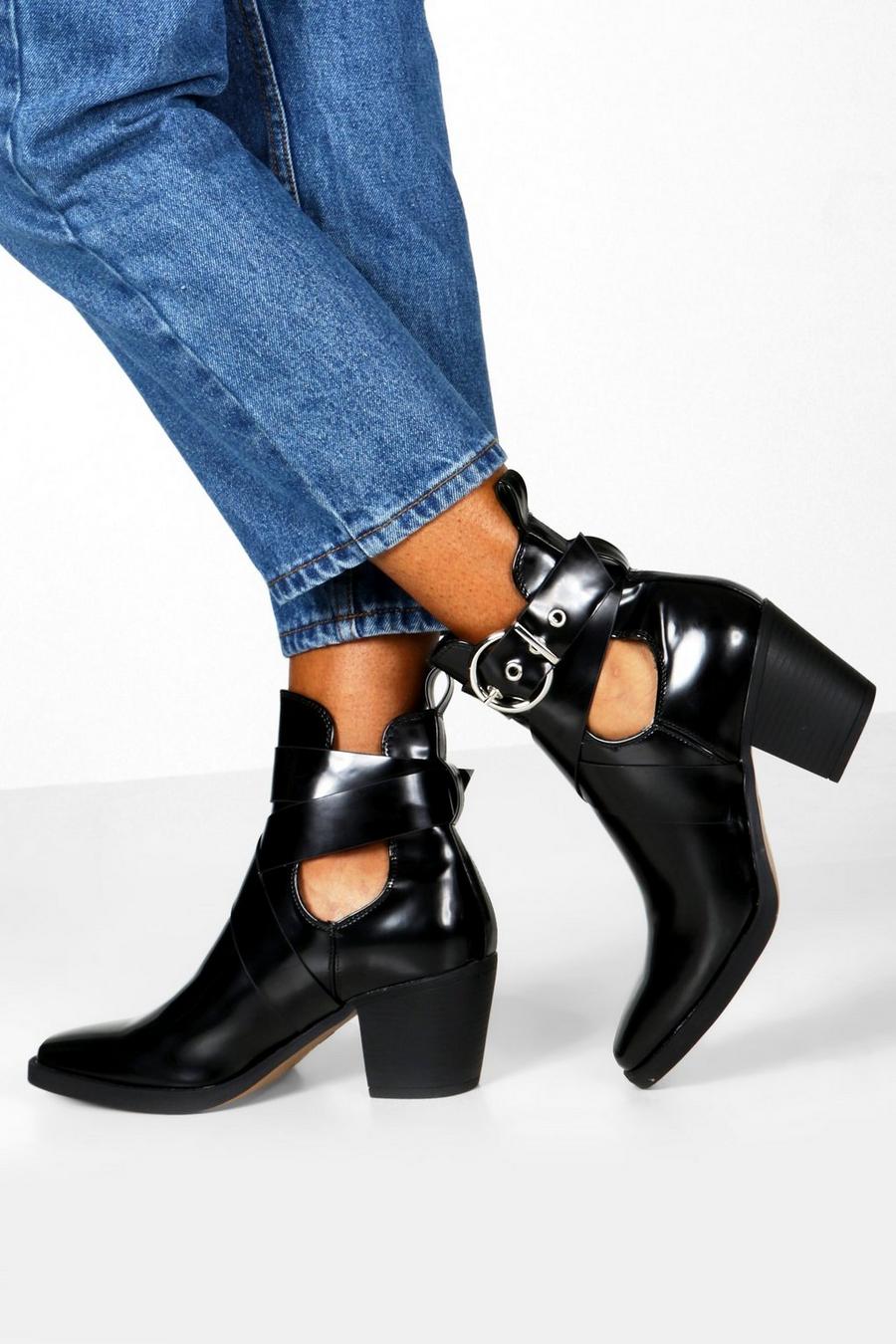 Black Cut Out Buckle Strap Block Heel Western Boots image number 1