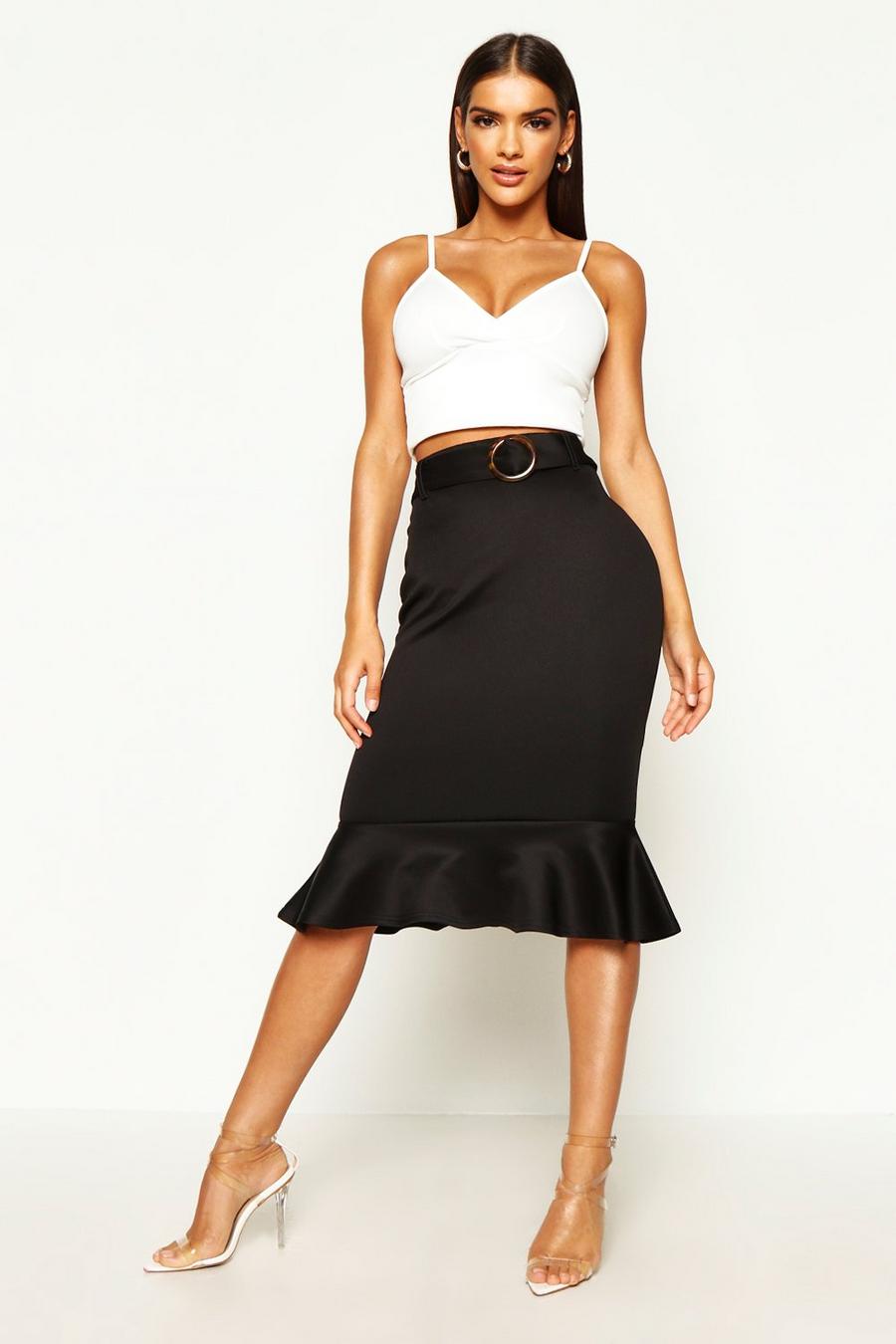 Black Belted Frill Hem Midi Skirt image number 1