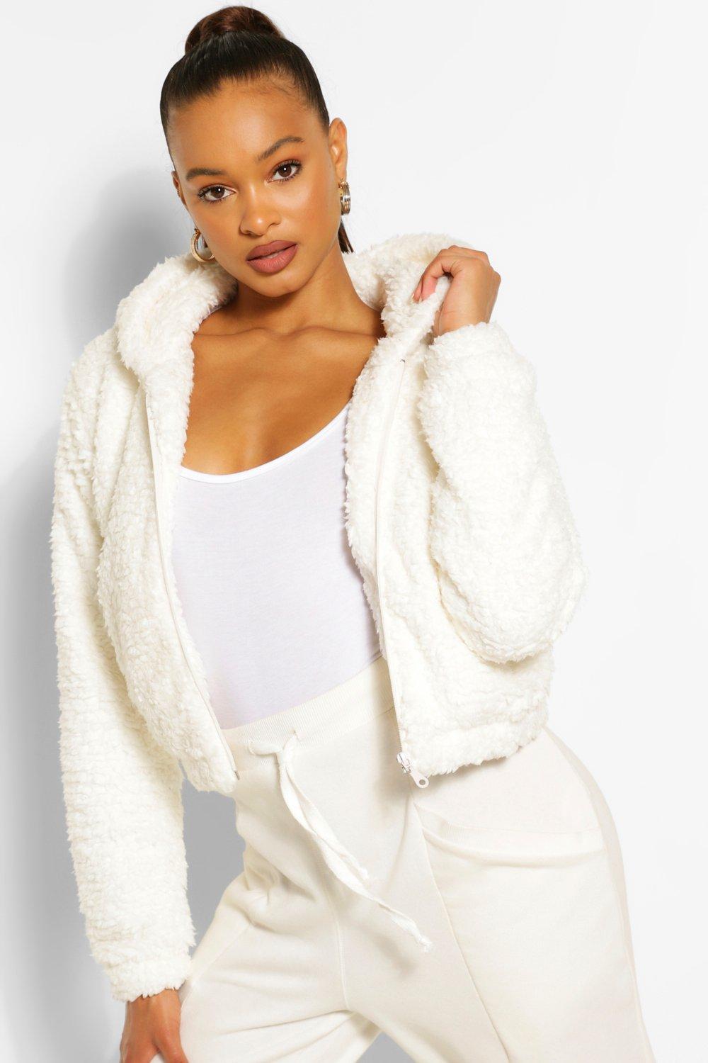 White cropped teddy on sale coat