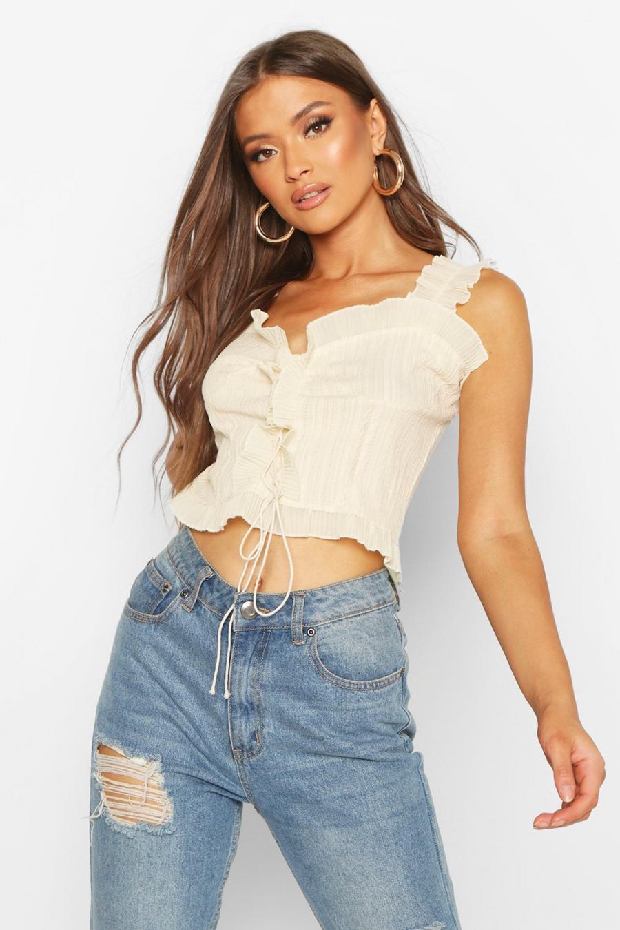 Crinkle Ruffle Detail Lace Up Bralet Top image number 1