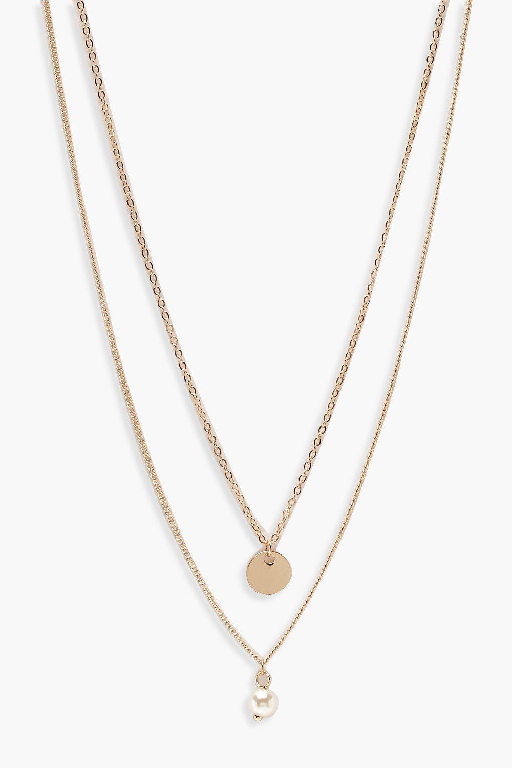 Collier doré à chaîne double avec pendentif pièce et fausse perle