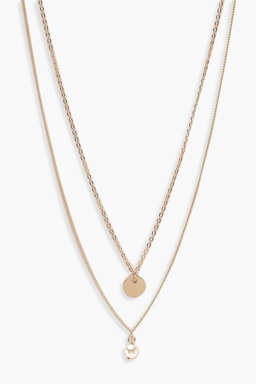 Collier doré à chaîne double avec pendentif pièce et fausse perle, Or metallic