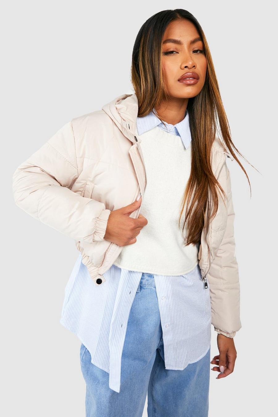 Stone Hooded Crop Puffer Jacket image number 1