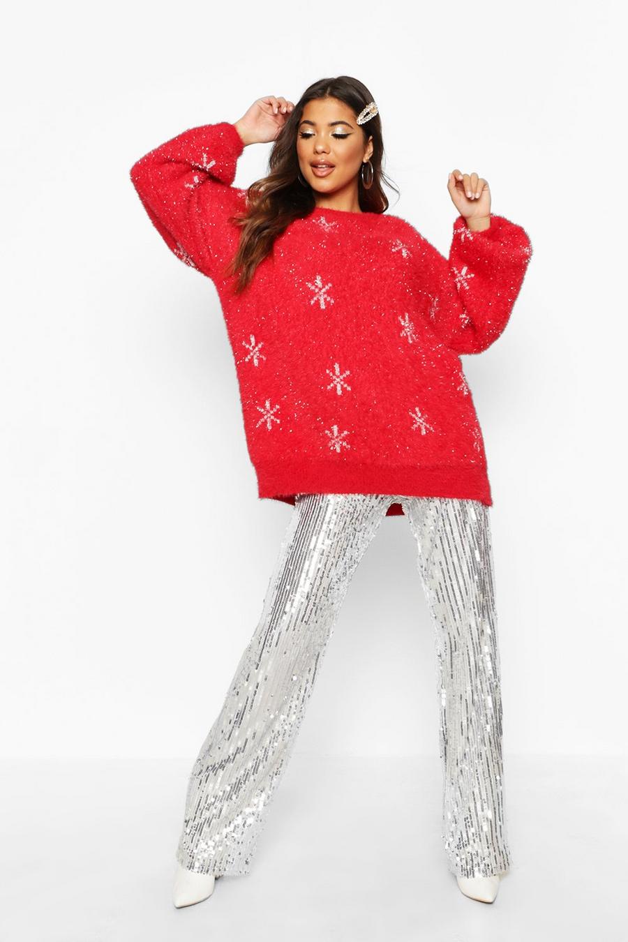 Red röd Oversized Tinsel Snowflake Fluffy Christmas Jumper image number 1
