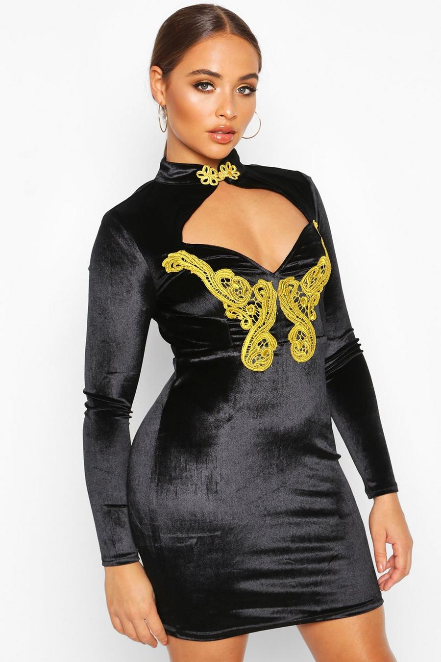 שחור שמלת מיני קטיפה עם צווארון סיני וגימור מוזהב image number 1