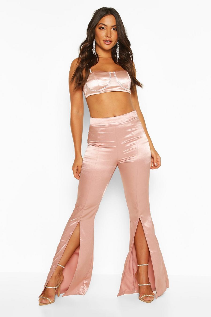 Nude Split Front Satin Flared Trousers image number 1