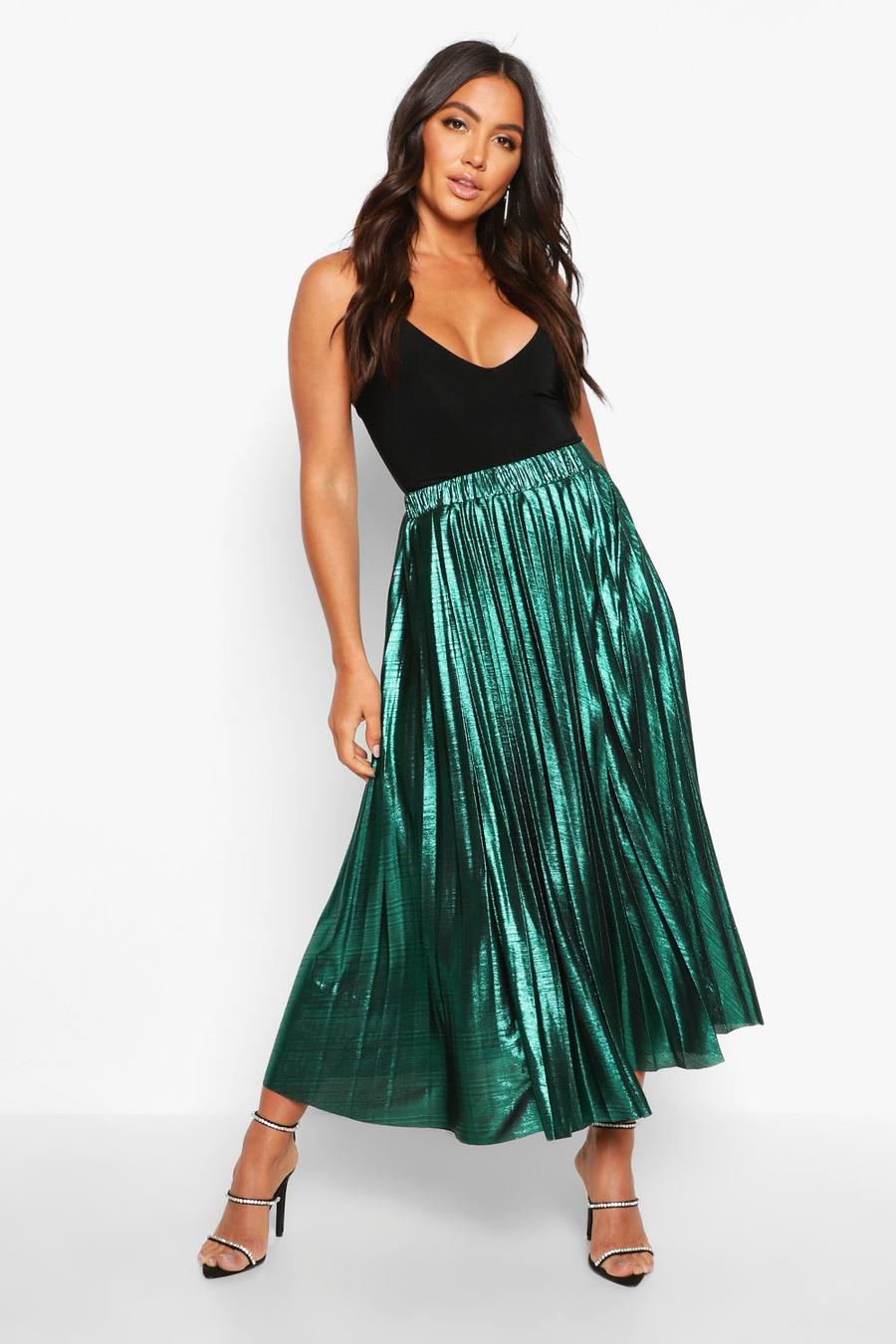 Emerald Pleated Metallic Midi Skirt image number 1