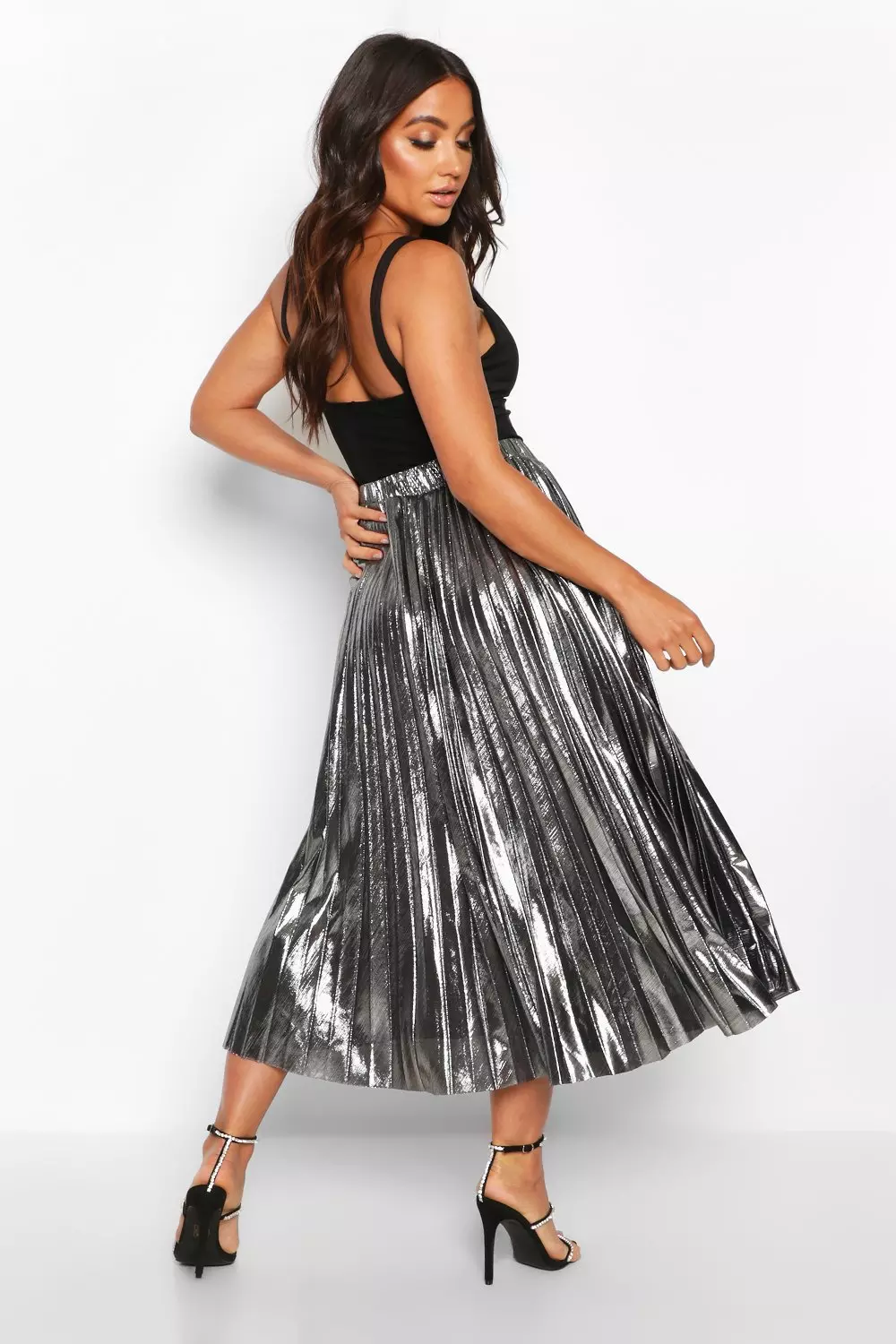 Metallic pleated midi skirt best sale