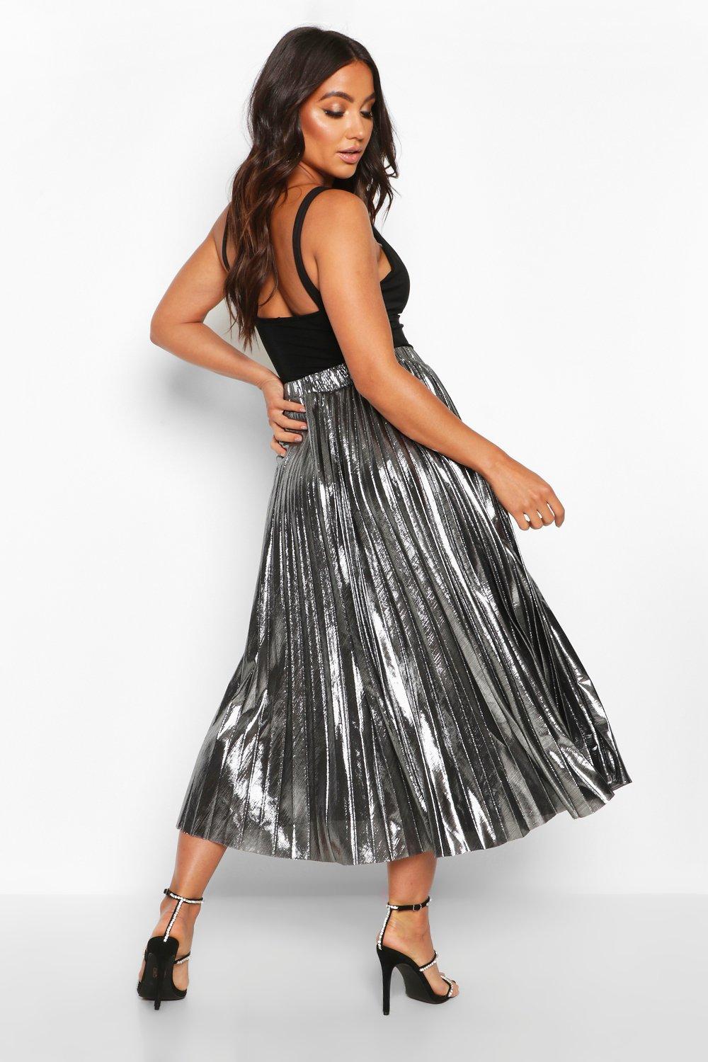 Tori Pleated Metallic Vegan Leather Midi Skirt