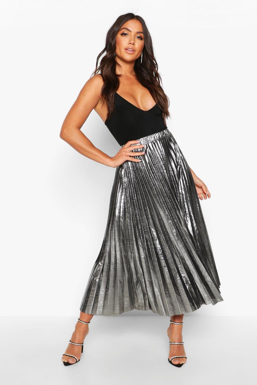 Silver Pleated Metallic Midi Skirt image number 1