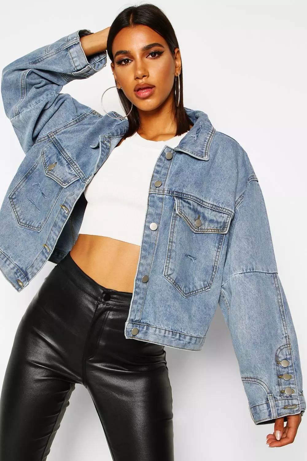 Cropped denim shop jacket boohoo