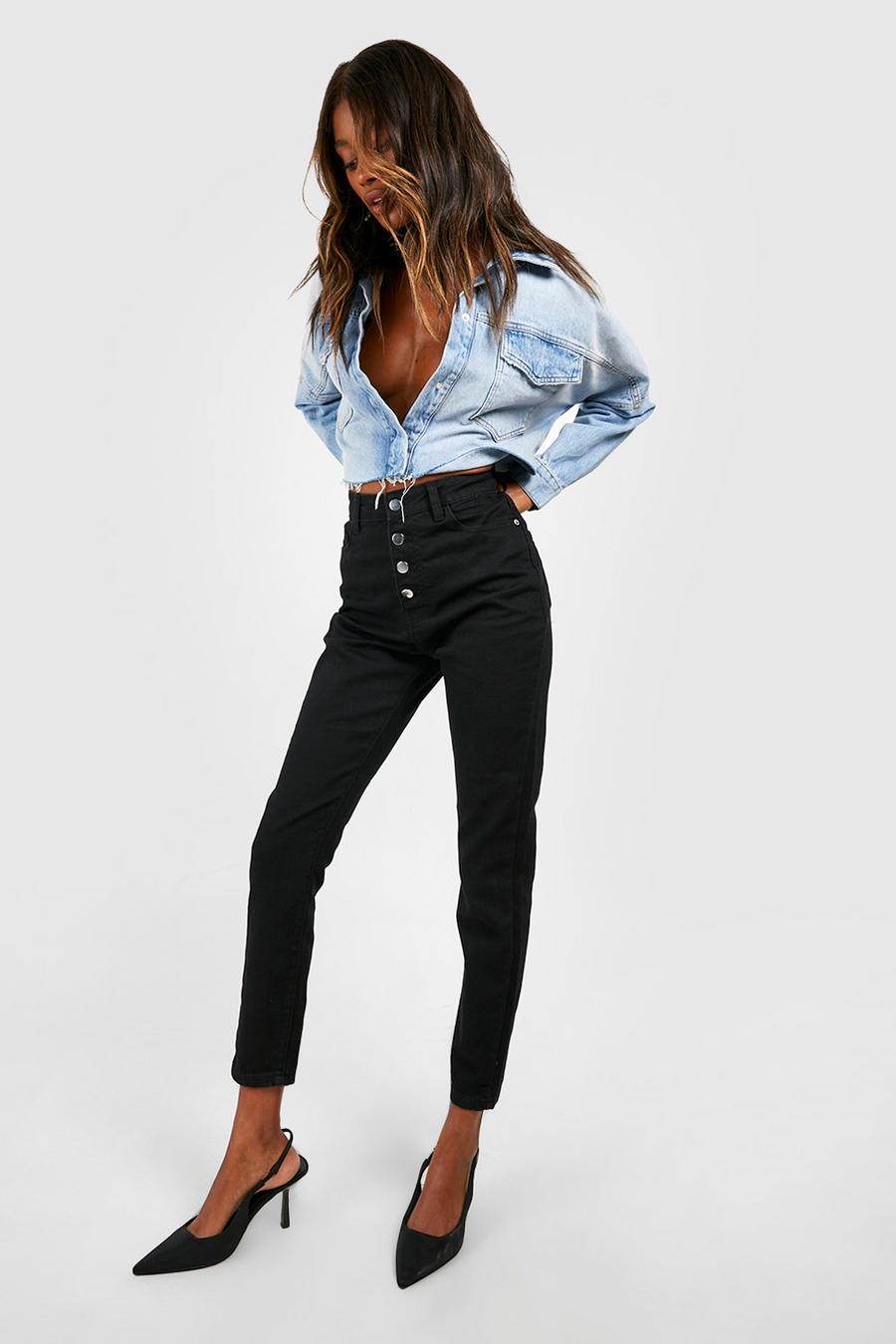 Black Basics High Waisted Exposed Button Skinny Jeans image number 1