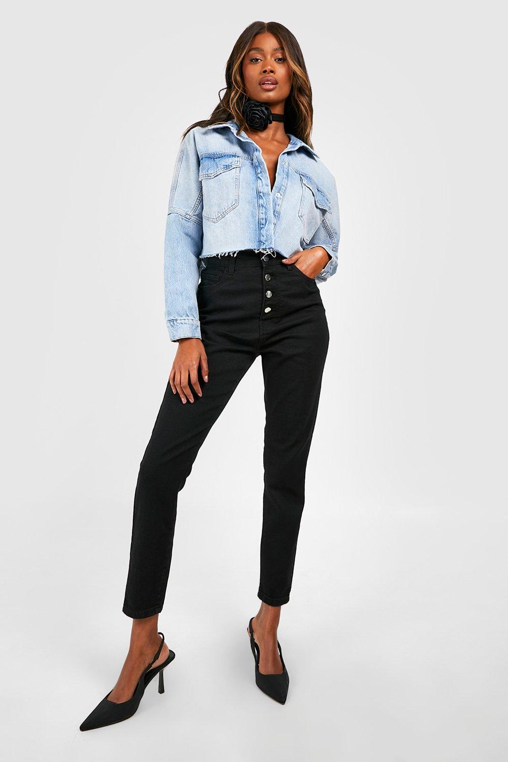 High waisted button black hot sale jeans