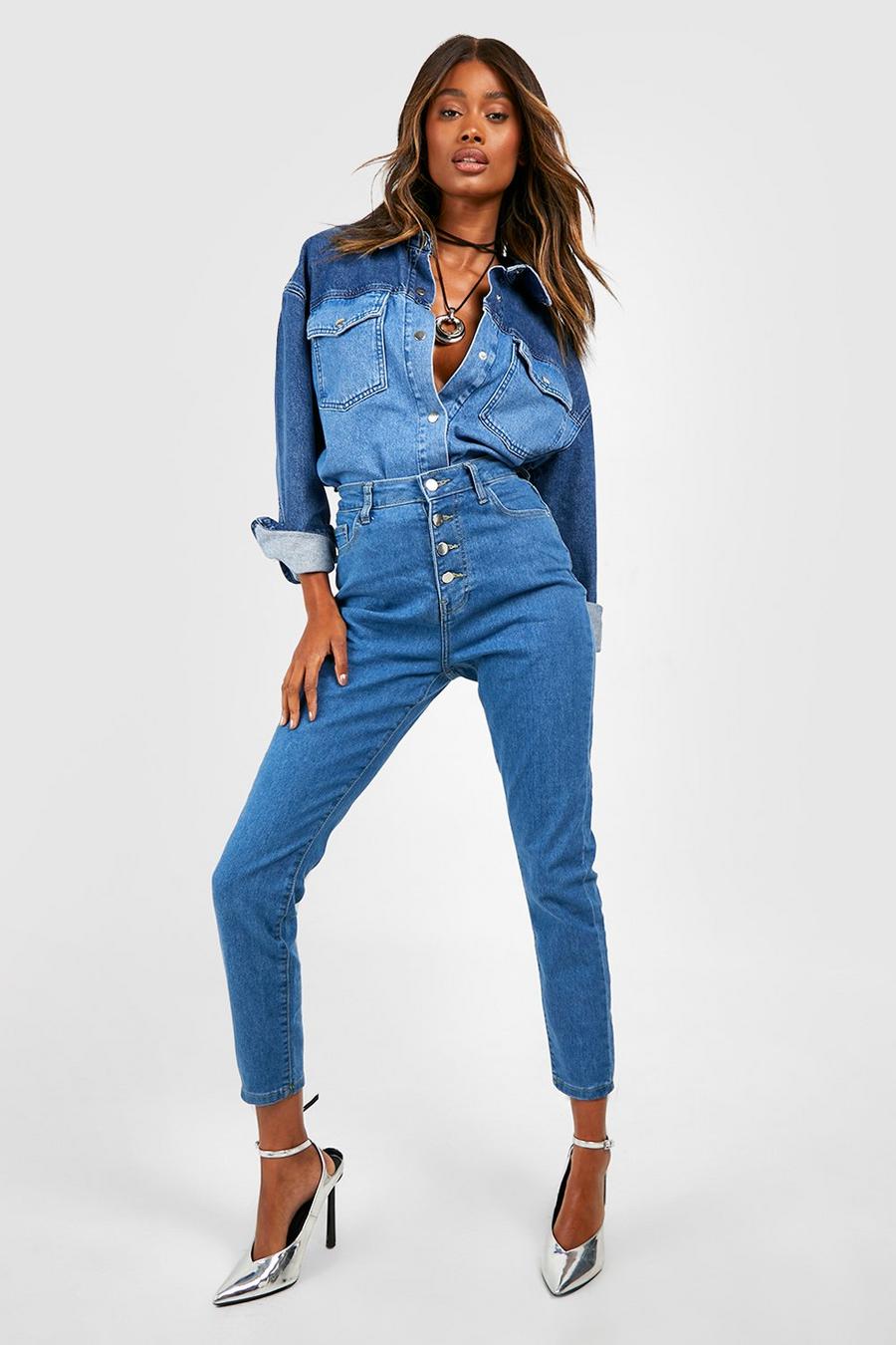 Basics Skinny Jeans mit hohem Bund und Knopf-Detail, Mittelblau image number 1