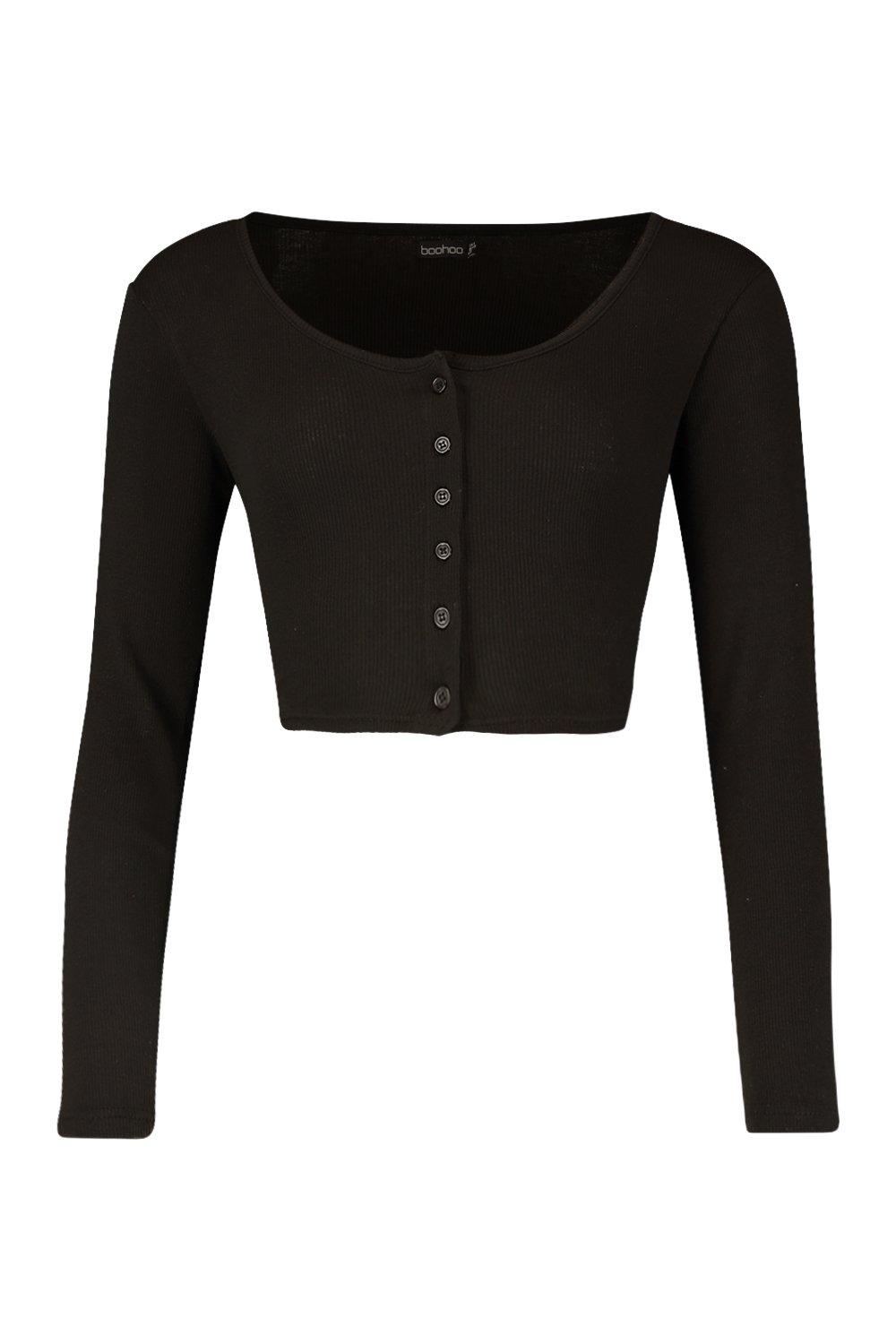 Black Long Sleeve Rib Button Top