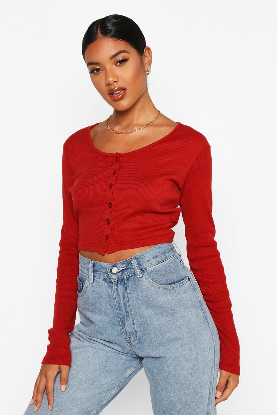 Rust Rib Button Through Long Sleeve Crop Top image number 1
