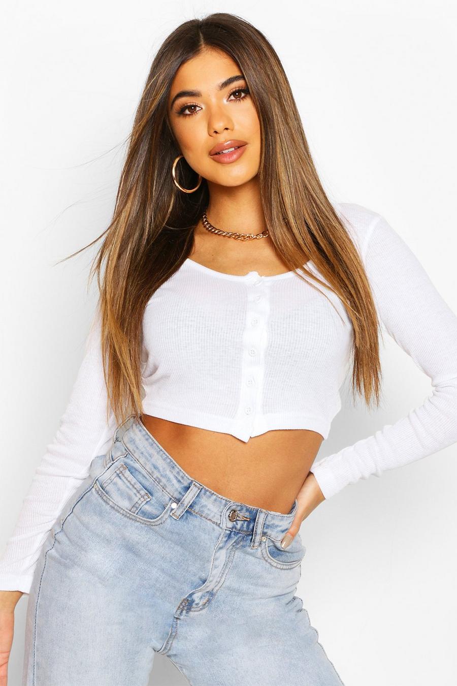 White Rib Button Through Long Sleeve Crop Top image number 1