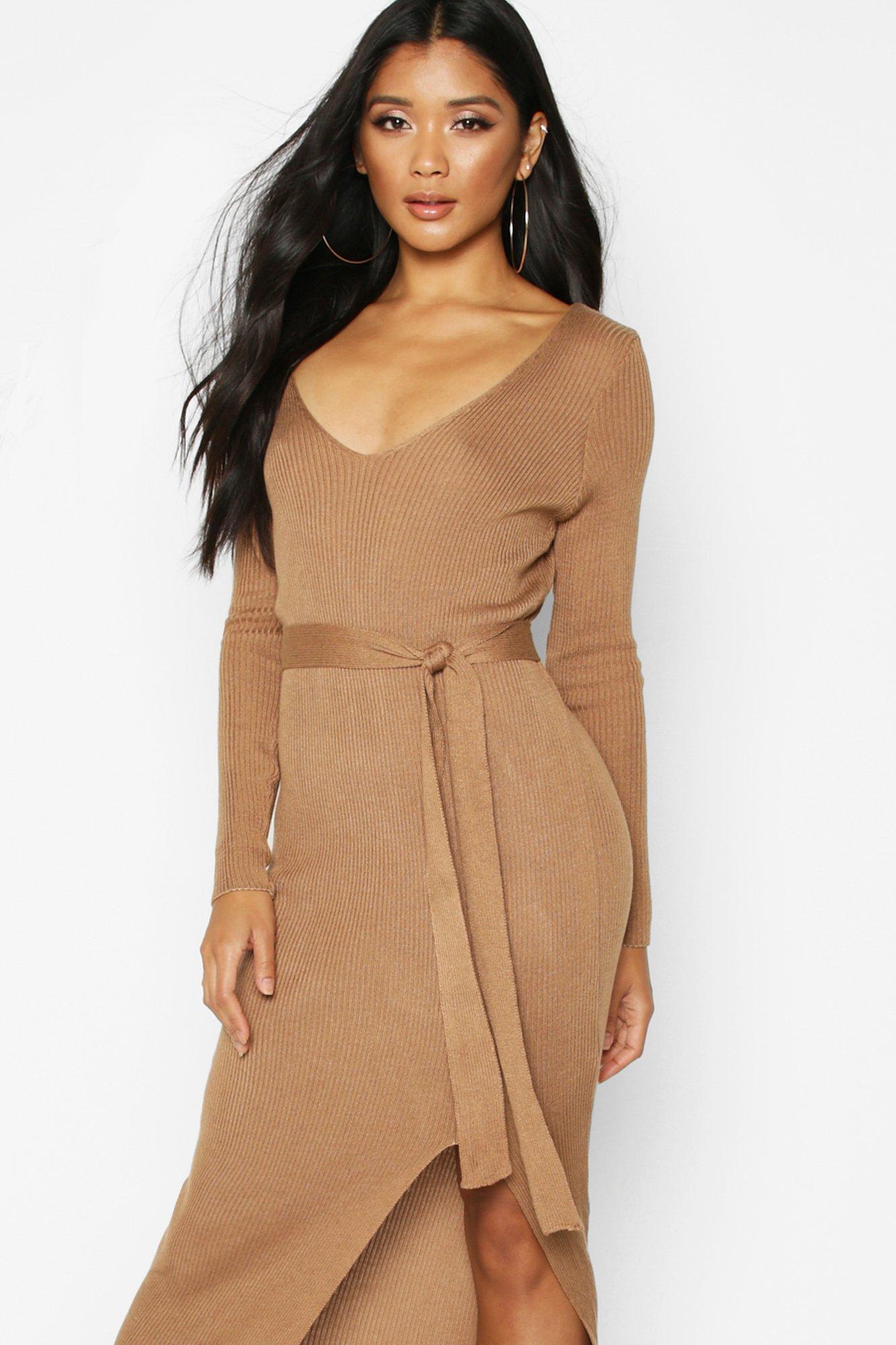 Women's Rib Knit Tie Waist Midi Dress | Boohoo UK