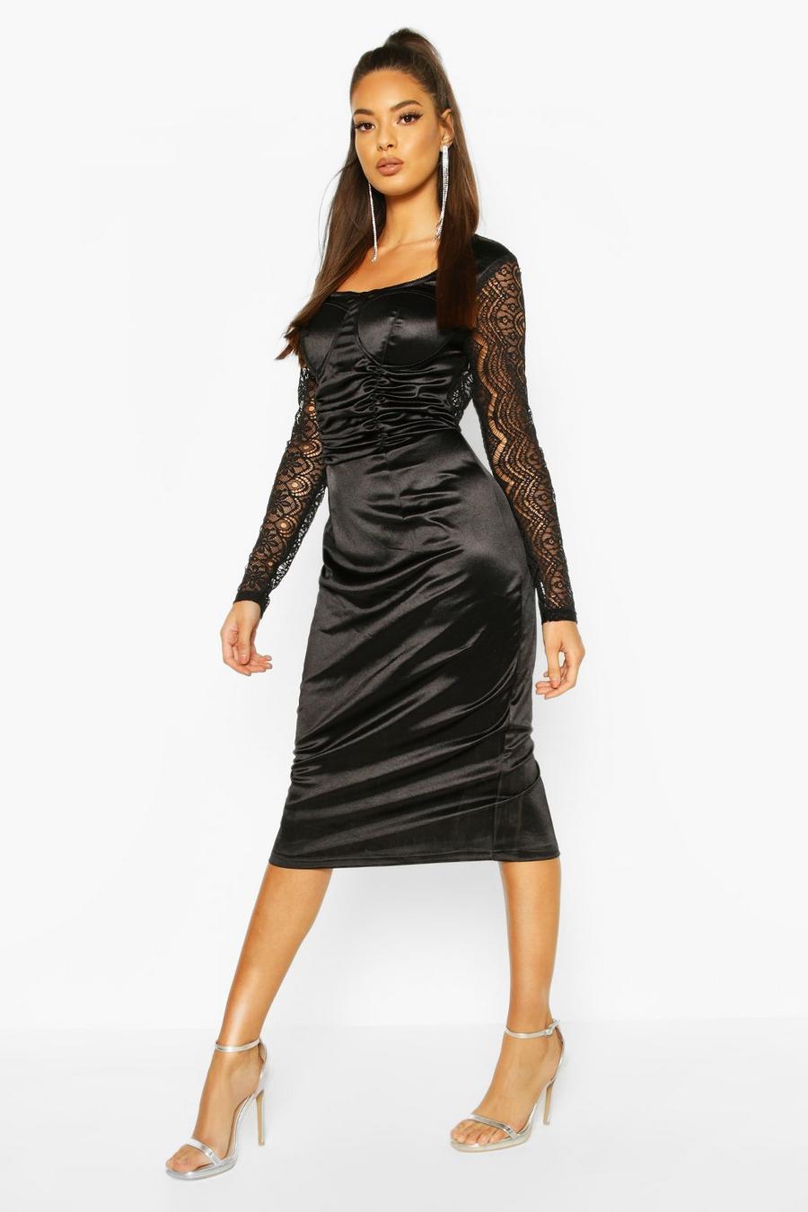 Stretch Satin Cupped Rouched Midi Dress image number 1