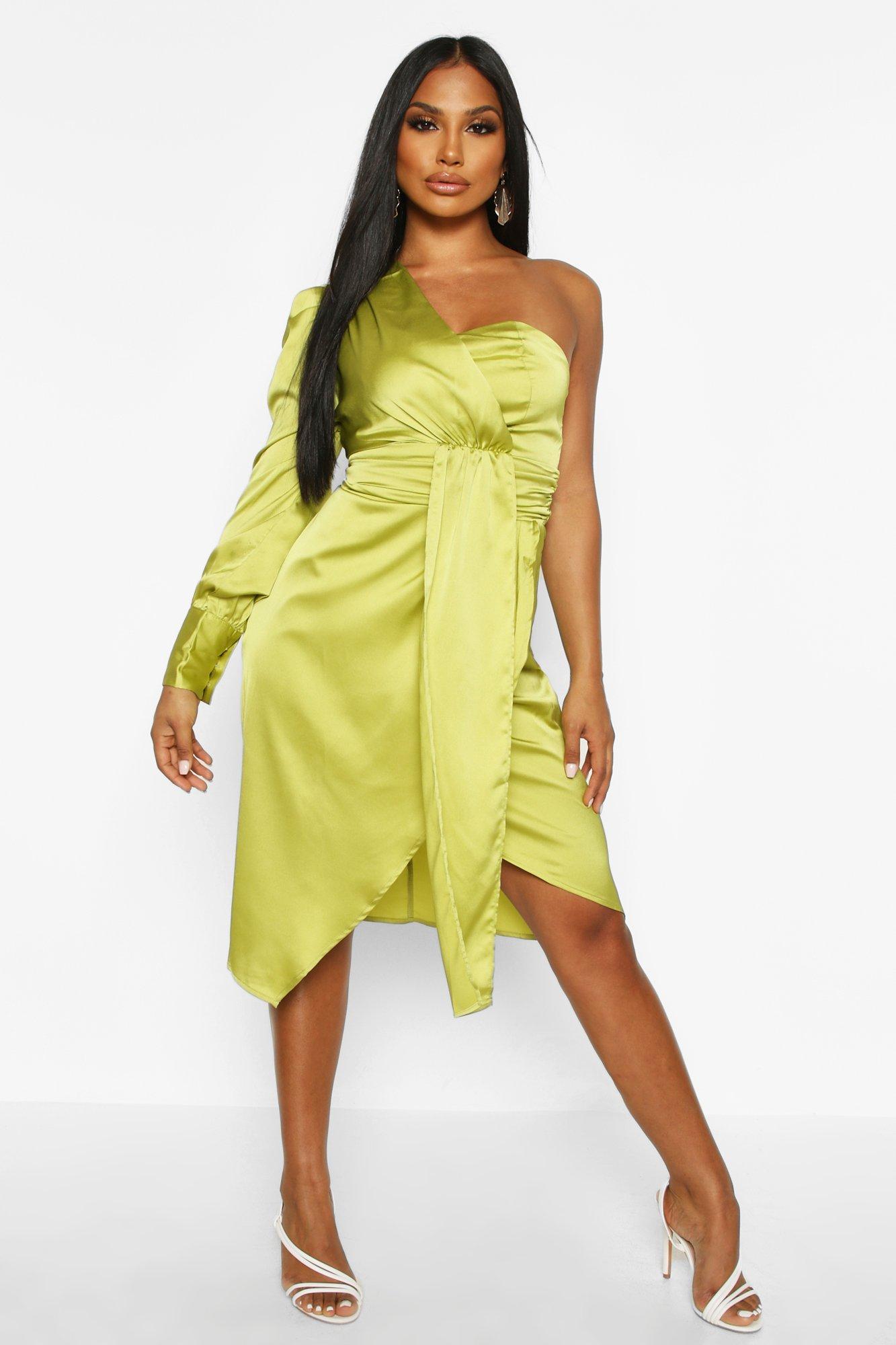 Vestido midi estilo peplum cruzado por delante y hombro asim trico