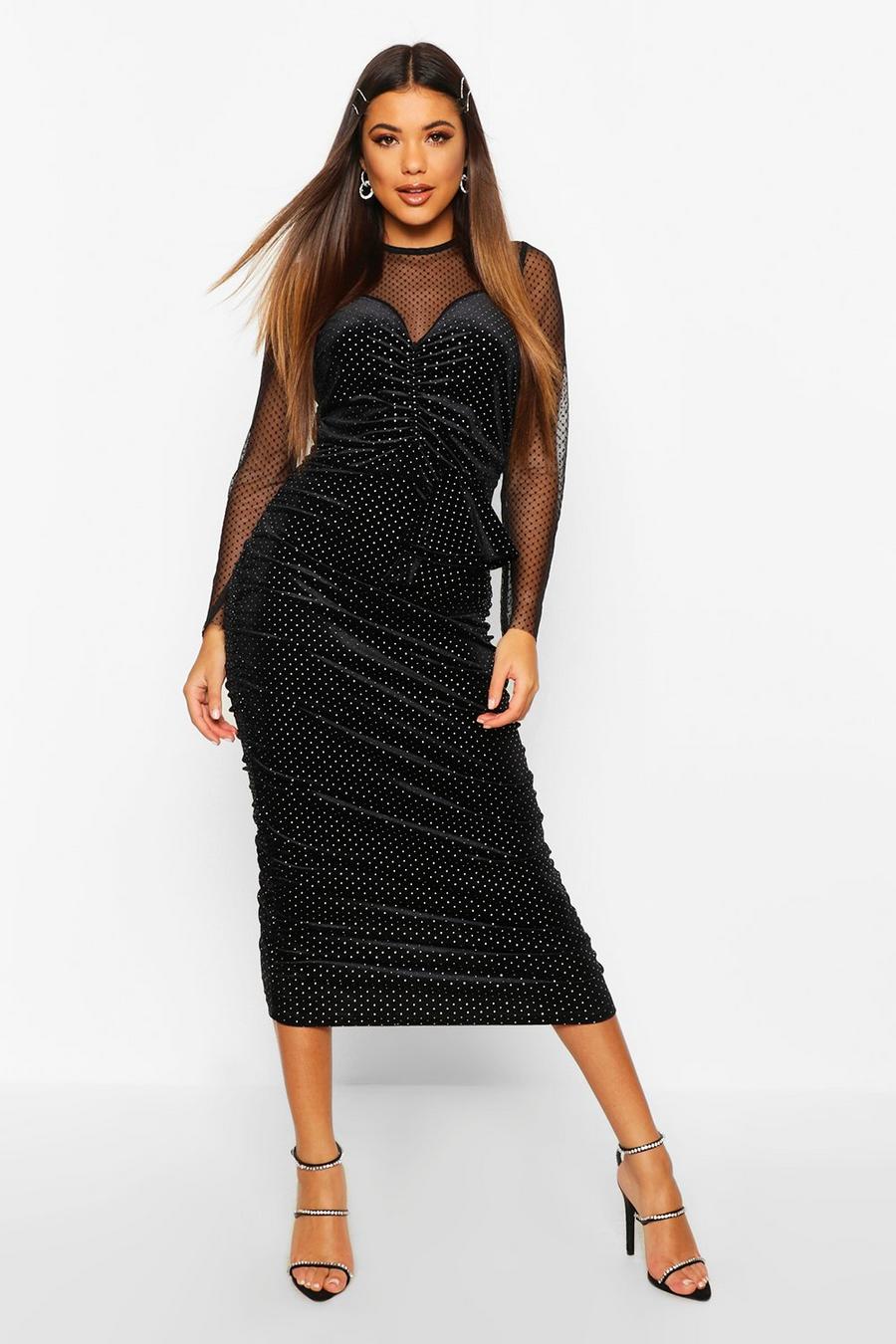 Black Mesh/Velvet Studded Midi Dress image number 1