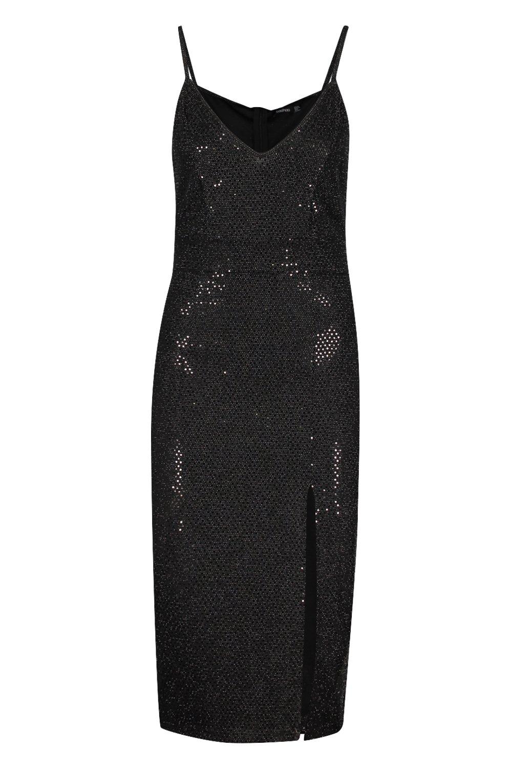 Black sequin strappy plunge best sale midi dress