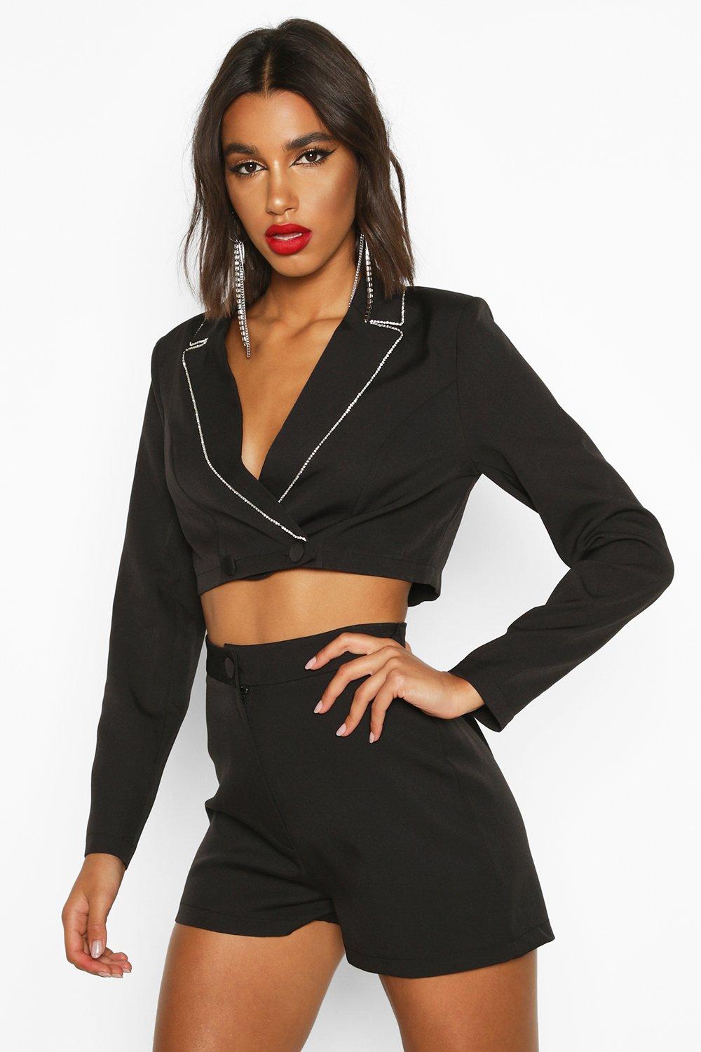 sport coats and suit jackets Boohoo Cropped Blazer With Diamante Strap in Sand Womens Clothing Jackets Blazers Natural 