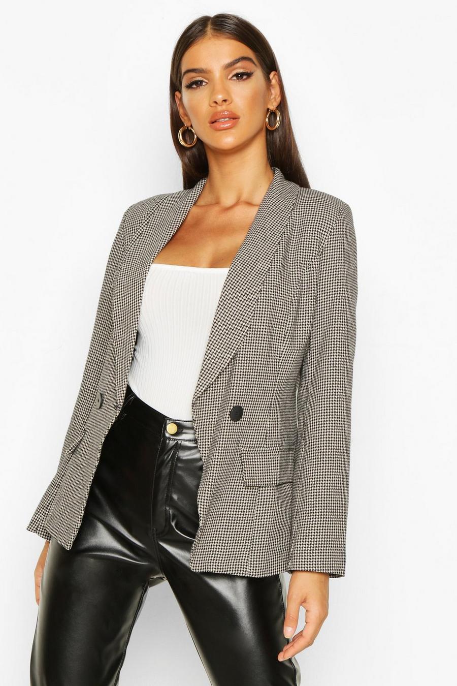 Black Double Breasted Tonal Dogtooth Blazer image number 1