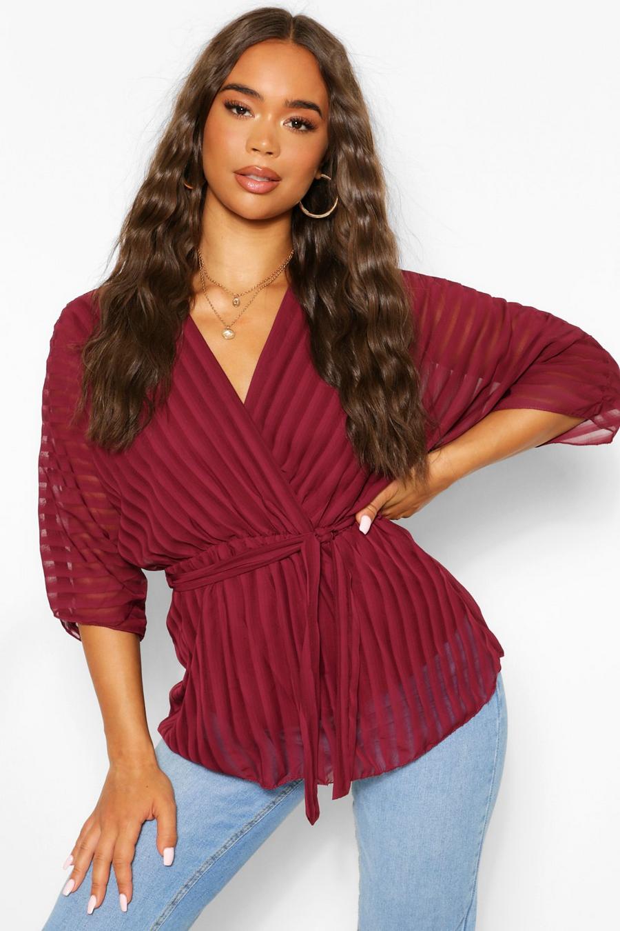 Berry Sheer Stripe Wrap Belted Blouse image number 1