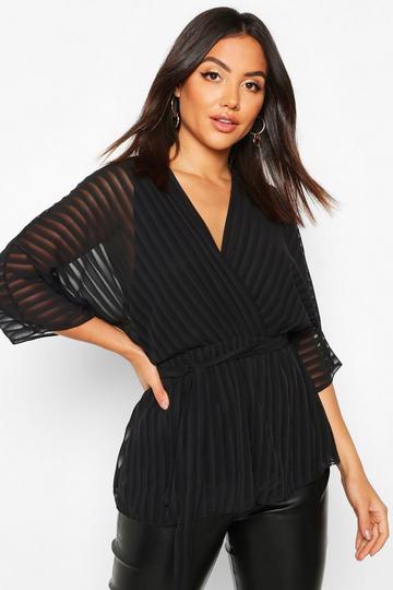 Sheer Stripe Wrap Belted Blouse black