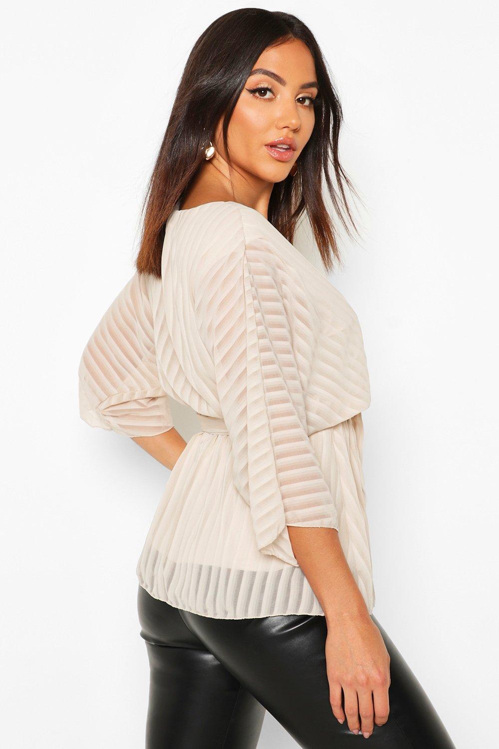 Sheer Stripe Wrap Belted Blouse