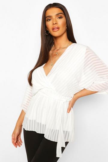 Sheer Stripe Wrap Belted Blouse white