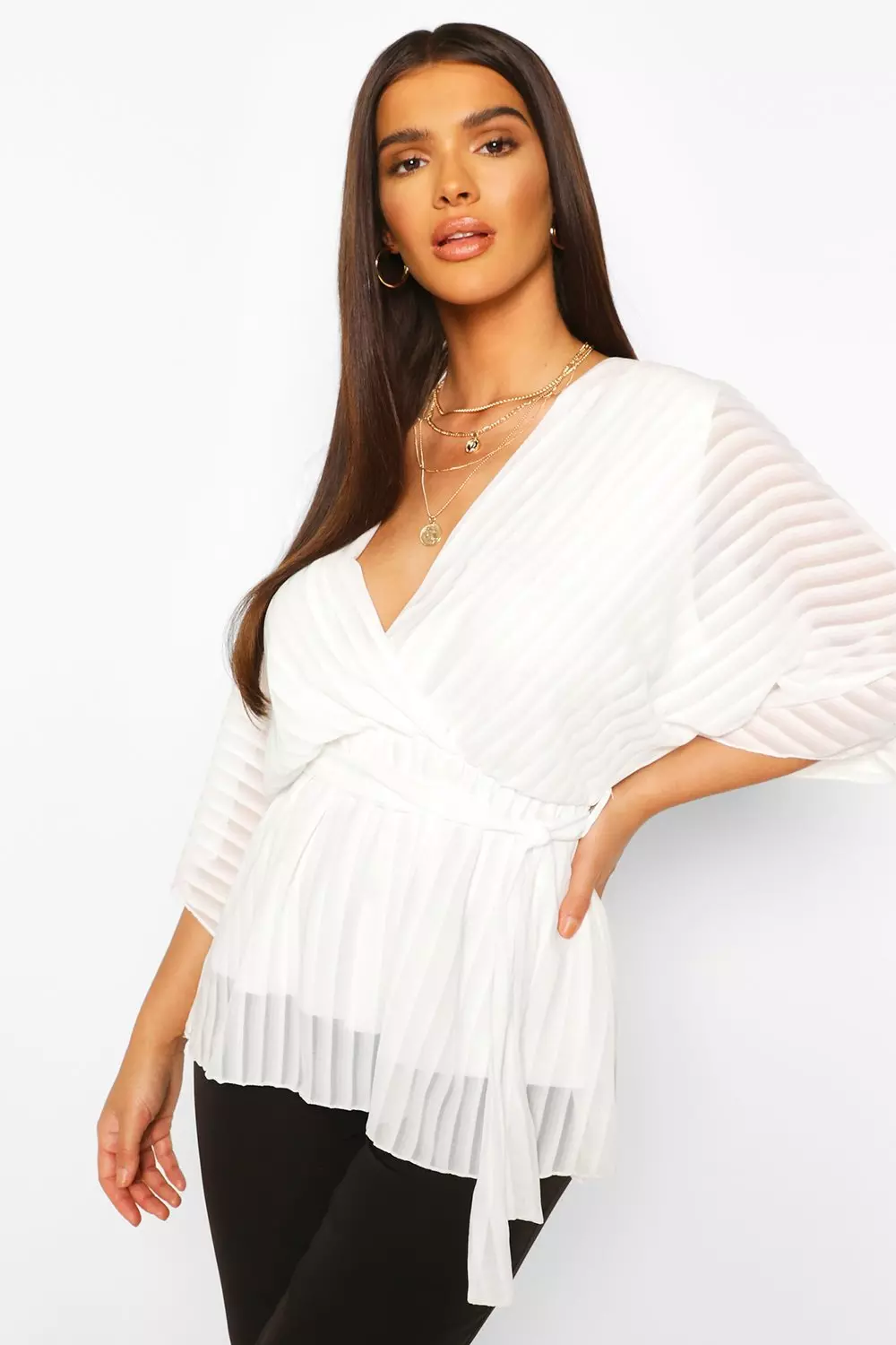 White Sheer Stripe Wrap Belted Blouse alternative image