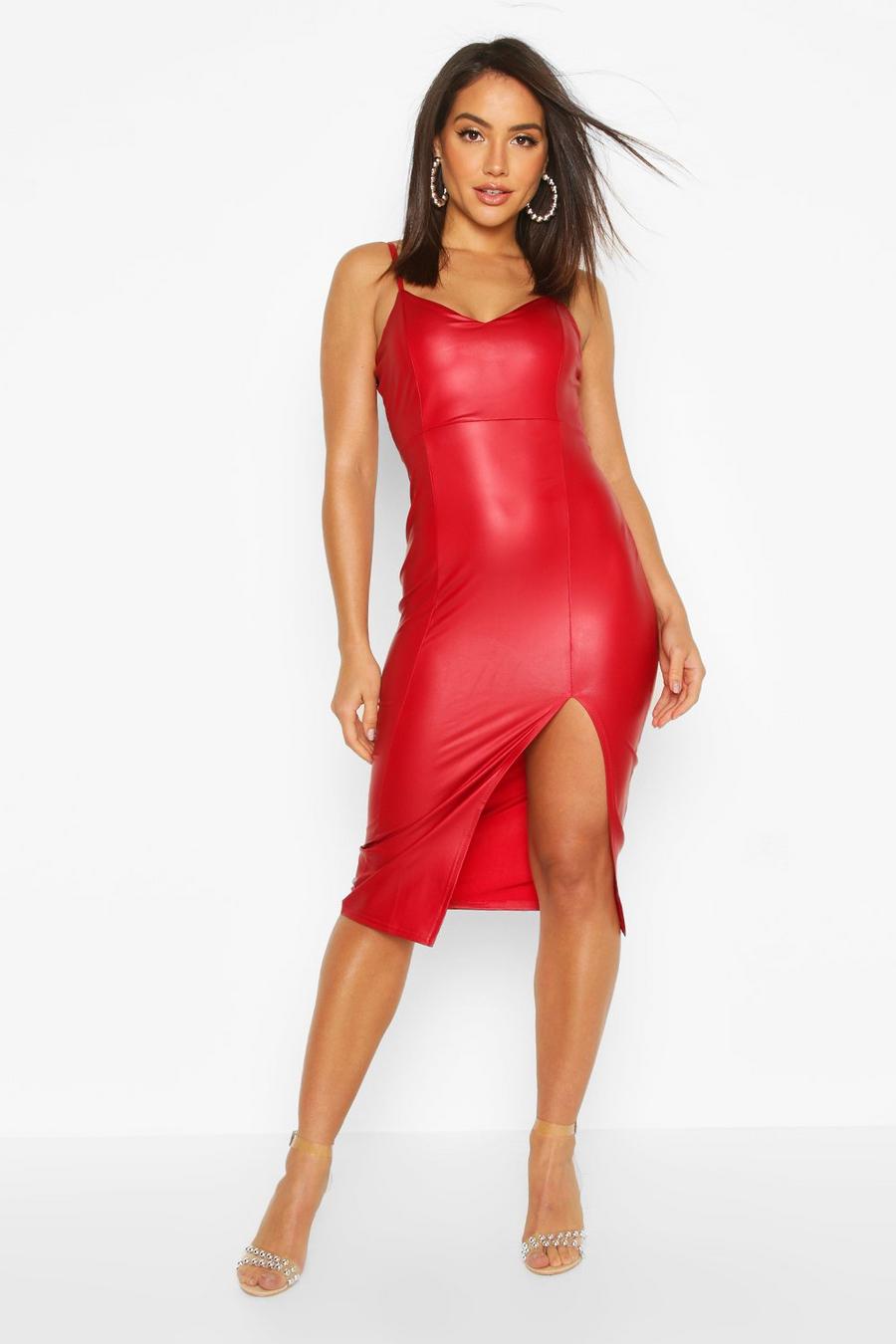 Red Faux Leather Split Midi Dress image number 1