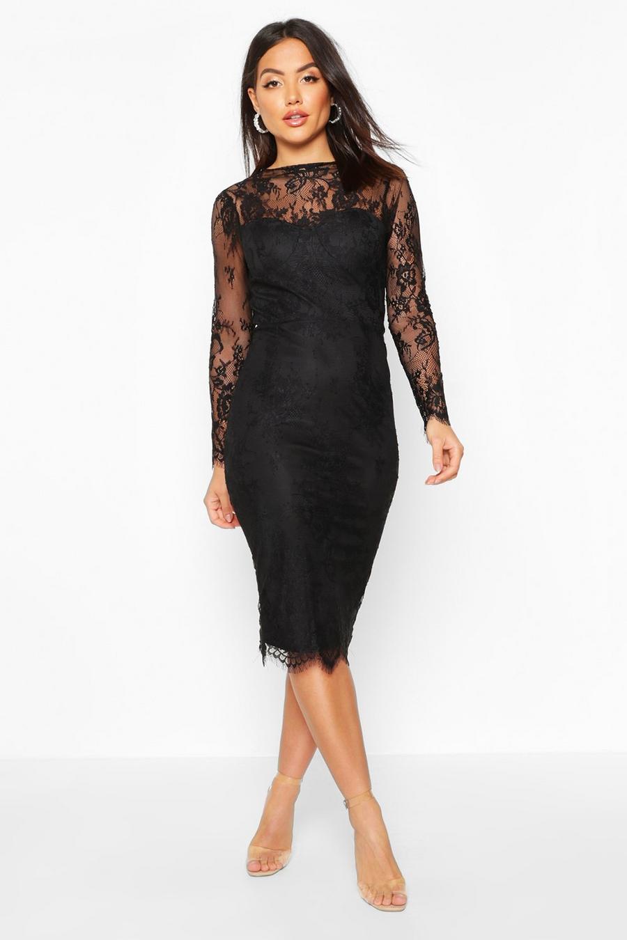 Black Lace Sleeve Cupped Midi Dress image number 1