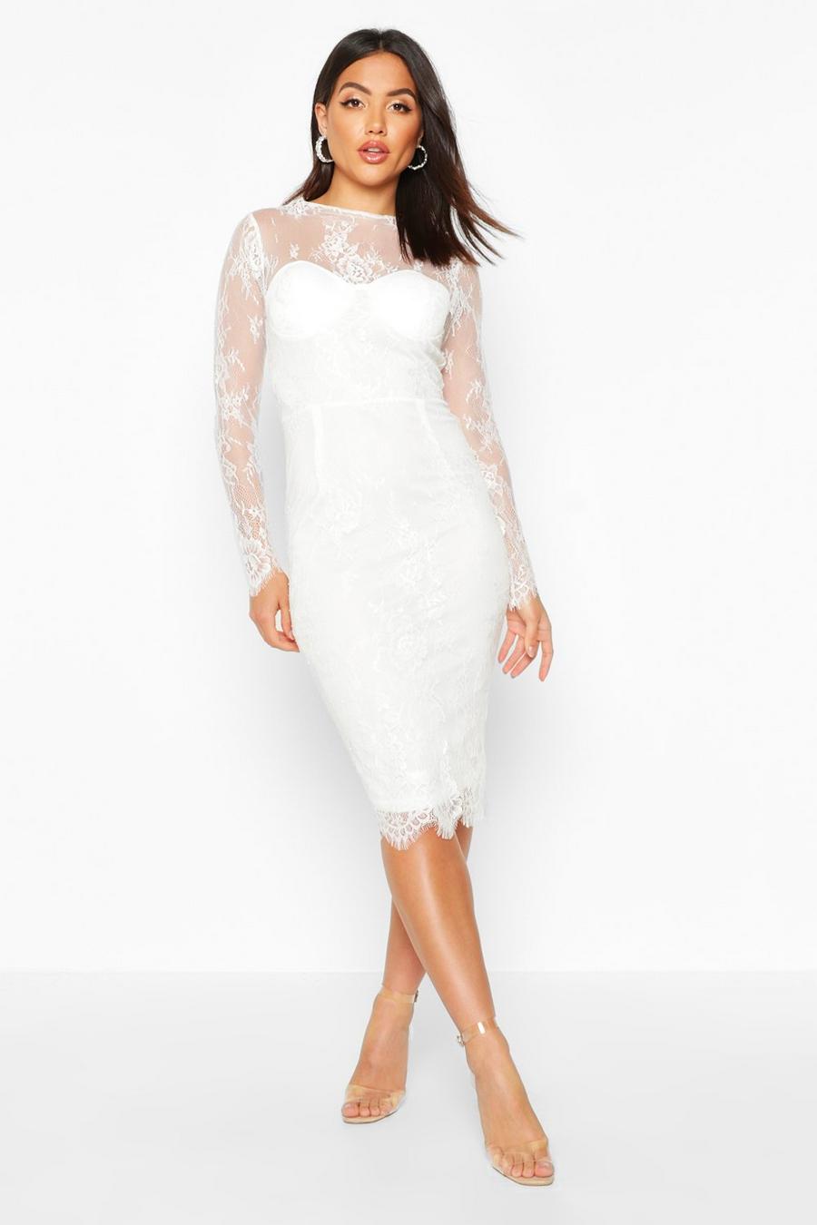 White Lace Sleeve Cupped Midi Dress image number 1