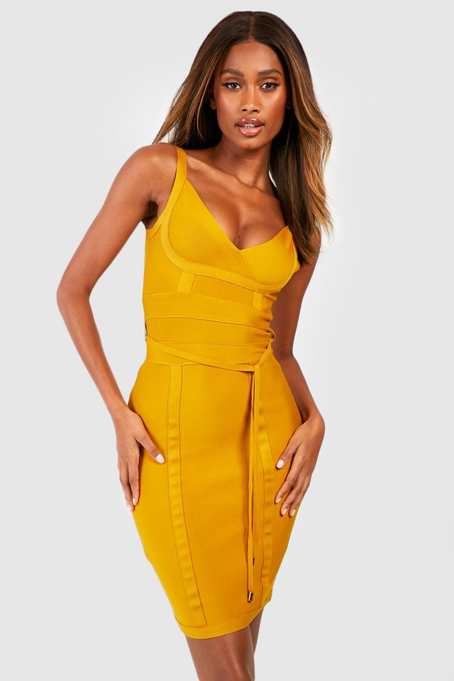 Mustard yellow Boutique Bandage Tie Detail Mini Dress image number 1